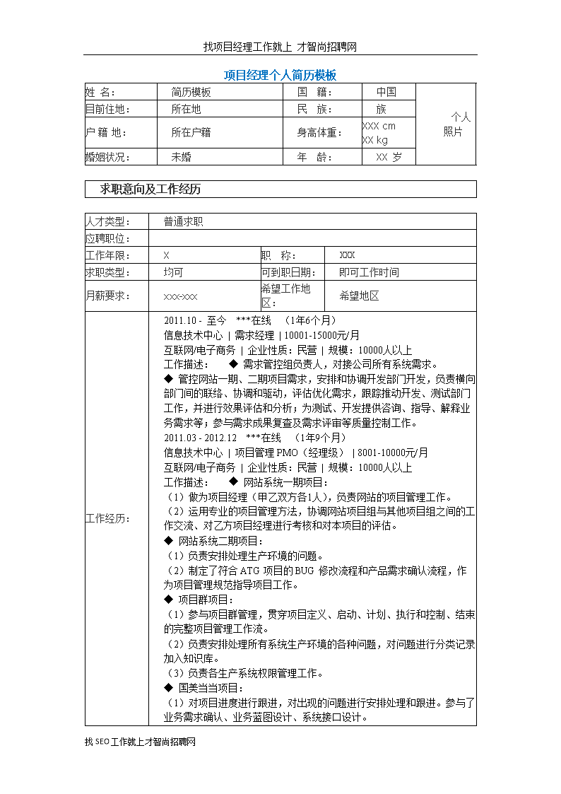 项目经理个功人简历模板.docx
