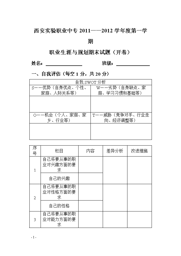 职业生涯规划期末试题.doc