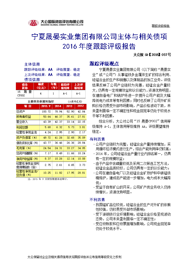 宁夏晟晏实业集团有限公司主体与相关债项20