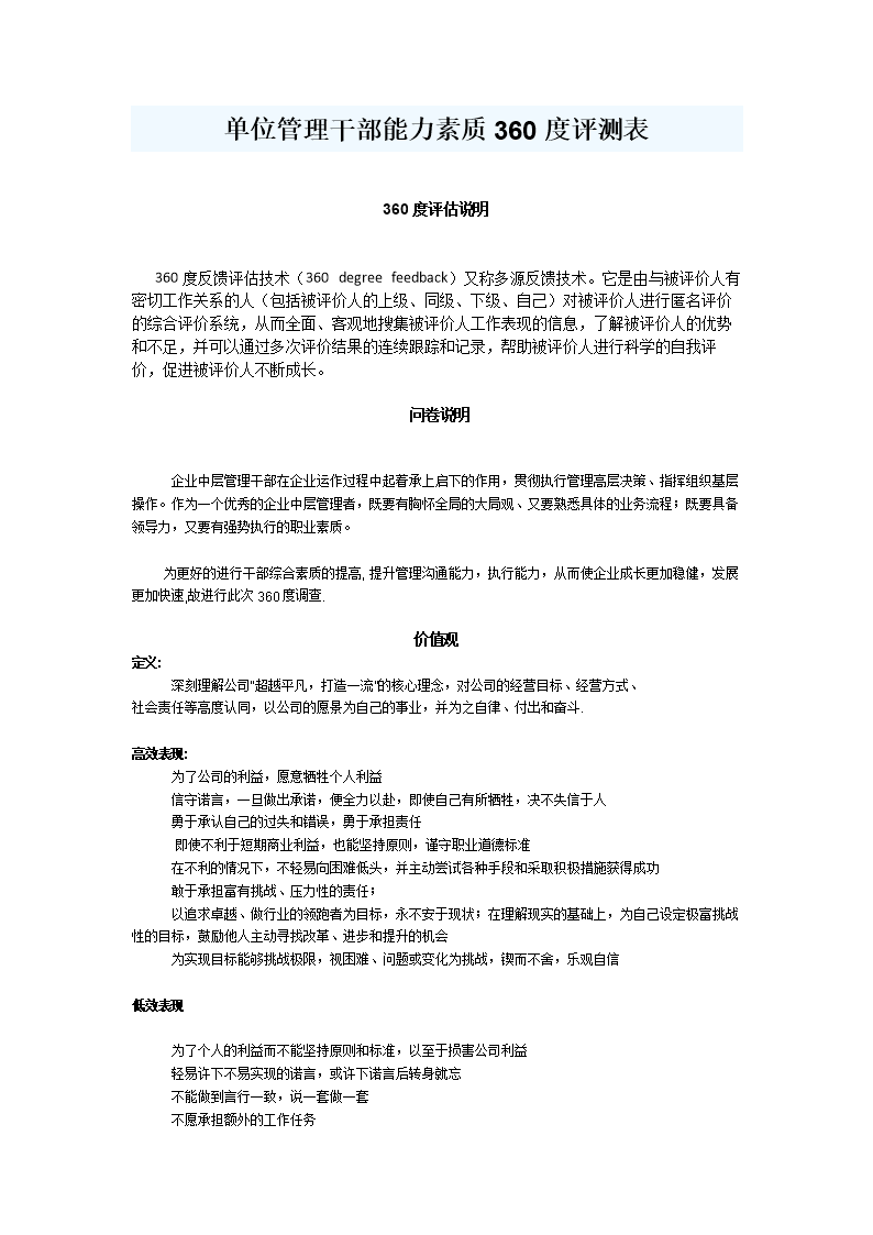 单位管理干部能力素质360度评测表.doc