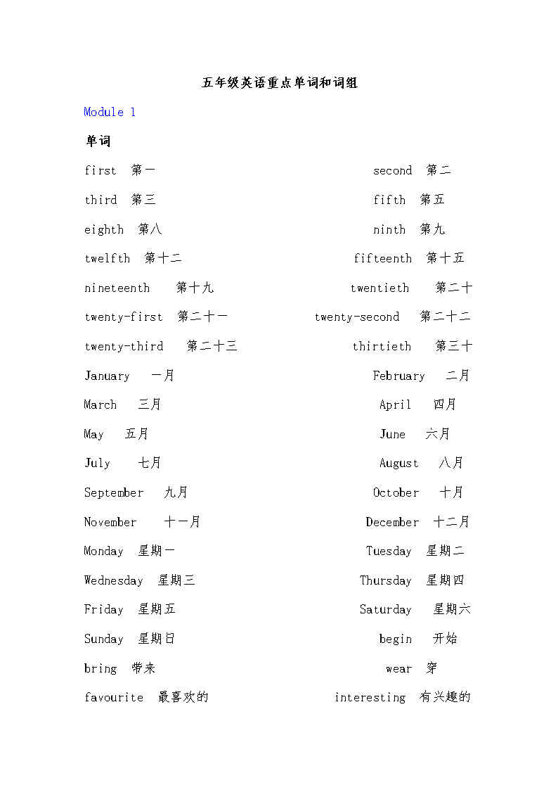 沪教版五年级上册英语重点单词和词组.doc