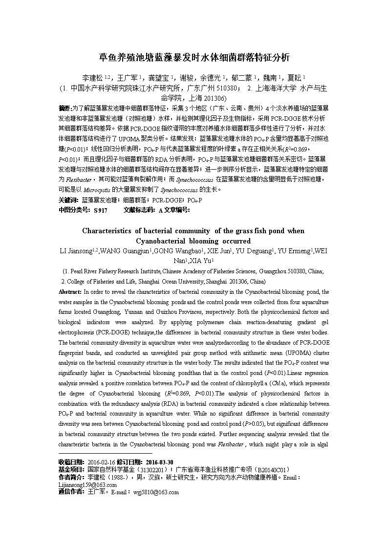 草鱼养殖池塘蓝藻暴发时水体细菌群落特征分析