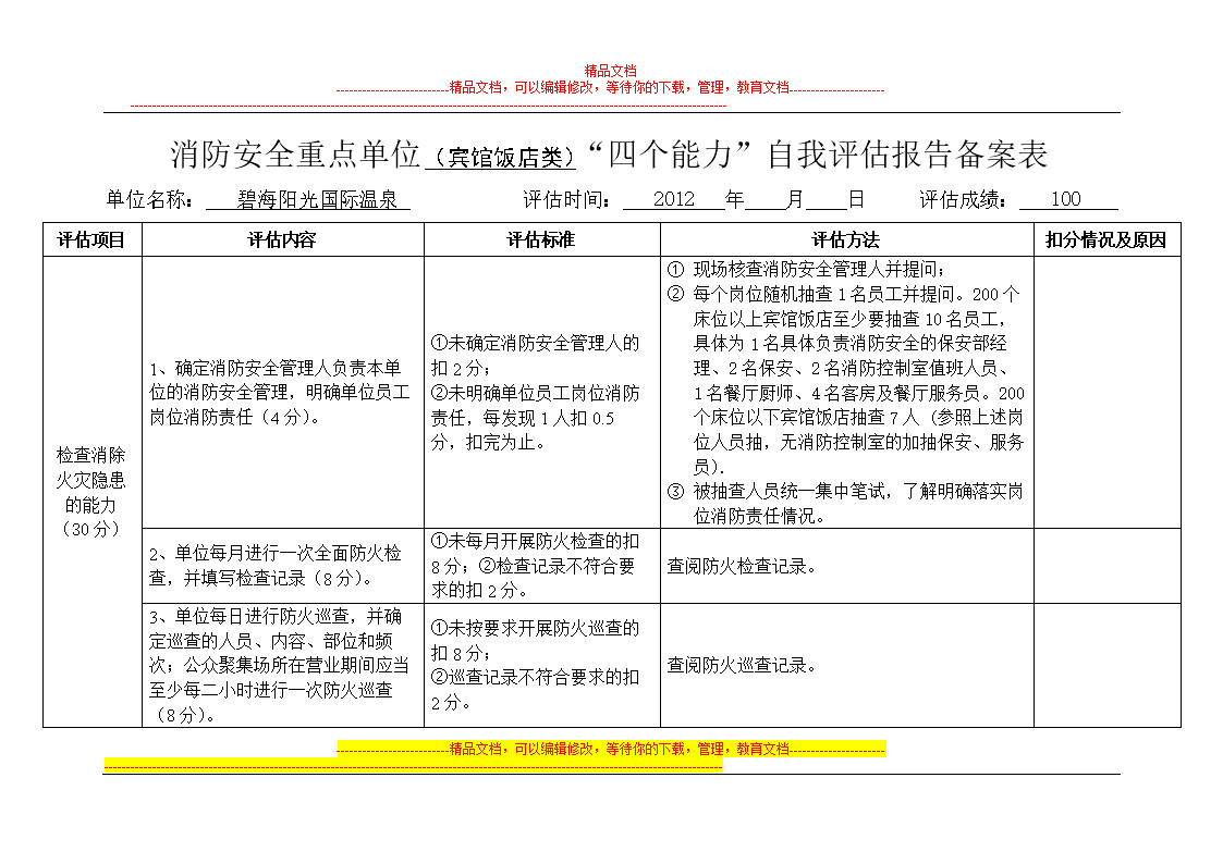 x宾馆饭店类自我评估报告备案表.doc
